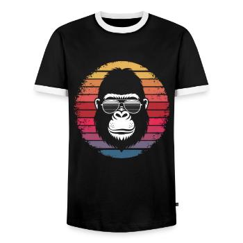 Gorilla with Sunglasses - Retro Vintage Sunset - Men's Ringer Shirt - black/white - Front - AI Model Female 172 light (172cm) & AI Model Male 178 light (178cm)