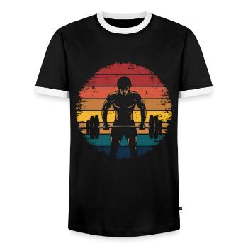Bodybuilder Silhouette - Retro Vintage Sunset - Men's Ringer Shirt - black/white - Front - AI Model Female 172 light (172cm) & AI Model Male 178 light (178cm)
