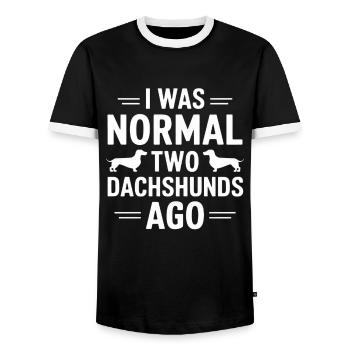 I Was Normal Two Dachshunds Ago - Men's Ringer Shirt - black/white - Front - AI Model Female 172 light (172cm) & AI Model Male 178 light (178cm)