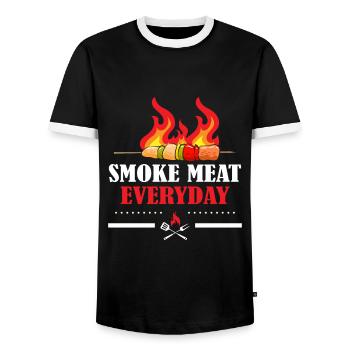 SMOKE MEAT EVERYDAY Smoking BBQ Saying T-Shirt - Men's Ringer Shirt - black/white - Front - AI Model Female 172 light (172cm) & AI Model Male 178 light (178cm)