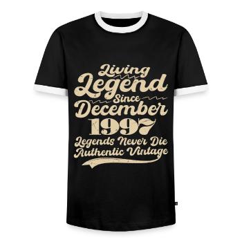 Once upon a time there was a legend. December 1997 Birth - Men's Ringer Shirt - black/white - Front - AI Model Female 172 light (172cm) & AI Model Male 178 light (178cm)
