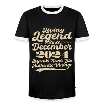 Es war einmal eine Legende. Dezember 2024 Geburts - Männer Kontrast-T-Shirt - Schwarz/Weiß - Vorne - AI Model Female 172 light (172cm) & AI Model Male 178 light (178cm)