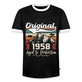1958 - Gift born in 1958 - Men's Ringer Shirt - black/white - Front - AI Model Female 172 light (172cm) & AI Model Male 178 light (178cm)