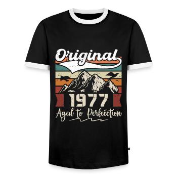 1977 - Gift born in 1977 - Men's Ringer Shirt - black/white - Front - AI Model Female 172 light (172cm) & AI Model Male 178 light (178cm)