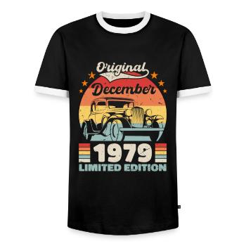 December 1979 Birthday present December 1979 - Men's Ringer Shirt - black/white - Front - AI Model Female 172 light (172cm) & AI Model Male 178 light (178cm)