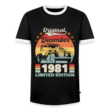December 1981 Birthday present December 1981 - Men's Ringer Shirt - black/white - Front - AI Model Female 172 light (172cm) & AI Model Male 178 light (178cm)