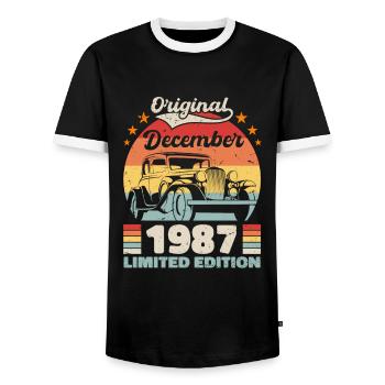 December 1987 Birthday present December 1987 - Men's Ringer Shirt - black/white - Front - AI Model Female 172 light (172cm) & AI Model Male 178 light (178cm)