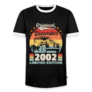 December 2002 Birthday present December 2002 - Men's Ringer Shirt - black/white - Front - AI Model Female 172 light (172cm) & AI Model Male 178 light (178cm)