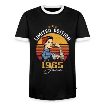 Vintage 1965 - Born In June 1965 - Men's Ringer Shirt - black/white - Front - AI Model Female 172 light (172cm) & AI Model Male 178 light (178cm)
