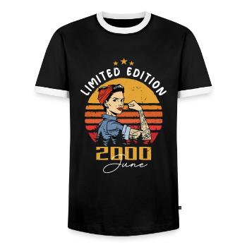 Vintage 2000 - Born In June 2000 - Men's Ringer Shirt - black/white - Front - AI Model Female 172 light (172cm) & AI Model Male 178 light (178cm)