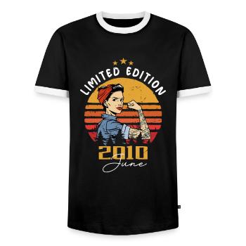 Vintage 2010 - Born In June 2010 - Men's Ringer Shirt - black/white - Front - AI Model Female 172 light (172cm) & AI Model Male 178 light (178cm)