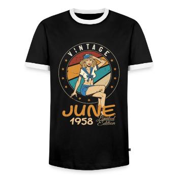 Vintage 1958 - Born In June 1958 - Men's Ringer Shirt - black/white - Front - AI Model Female 172 light (172cm) & AI Model Male 178 light (178cm)