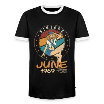 Vintage 1969 - Born In June 1969 - Men's Ringer Shirt - black/white - Front - AI Model Female 172 light (172cm) & AI Model Male 178 light (178cm)