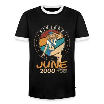 Vintage 2000 - Born In June 2000 - Men's Ringer Shirt - black/white - Front - AI Model Female 172 light (172cm) & AI Model Male 178 light (178cm)