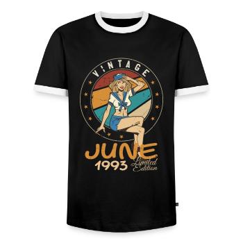 Vintage 1993 - Born In June 1993 - Men's Ringer Shirt - black/white - Front - AI Model Female 172 light (172cm) & AI Model Male 178 light (178cm)
