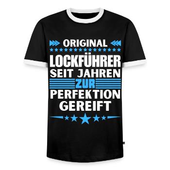 Lure guide matured to perfection - Men's Ringer Shirt - black/white - Front - AI Model Female 172 light (172cm) & AI Model Male 178 light (178cm)