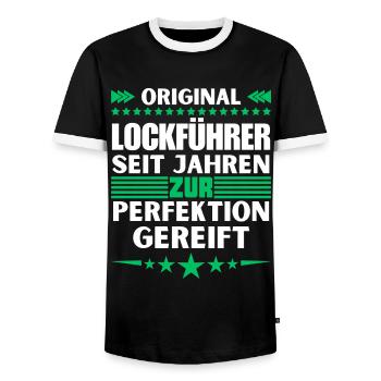 Lure guide matured to perfection - Men's Ringer Shirt - black/white - Front - AI Model Female 172 light (172cm) & AI Model Male 178 light (178cm)
