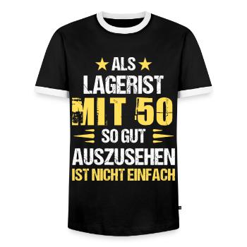 With 50 handsome warehouse clerk - Men's Ringer Shirt - black/white - Front - AI Model Female 172 light (172cm) & AI Model Male 178 light (178cm)