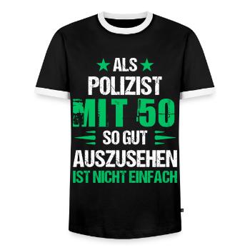 A 50 ans, beau policier - T-shirt contrasté Homme - noir/blanc - Devant - AI Model Female 172 light (172cm) & AI Model Male 178 light (178cm)