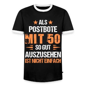 À 50 ans, beau facteur - T-shirt contrasté Homme - noir/blanc - Devant - AI Model Female 172 light (172cm) & AI Model Male 178 light (178cm)