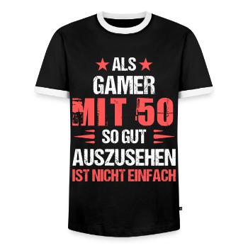 With 50 good-looking gamers - Men's Ringer Shirt - black/white - Front - AI Model Female 172 light (172cm) & AI Model Male 178 light (178cm)