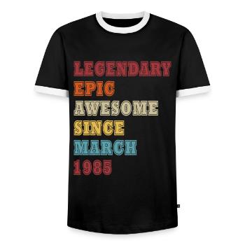 March 1985 Jubilee 1985 - Legends March 1985 - Men's Ringer Shirt - black/white - Front - AI Model Female 172 light (172cm) & AI Model Male 178 light (178cm)