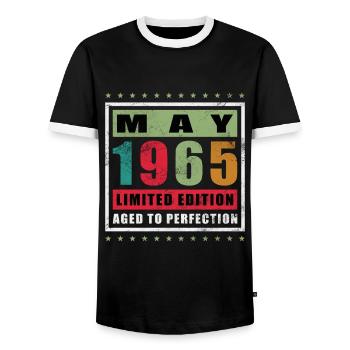 May 1965 - Born 1965 Anniversary - May 1965 - Men's Ringer Shirt - black/white - Front - AI Model Female 172 light (172cm) & AI Model Male 178 light (178cm)