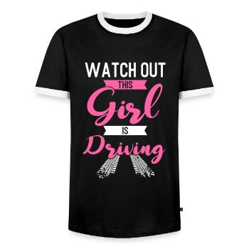 Driver's license Girl Driving Girl Driver's License - Men's Ringer Shirt - black/white - Front - AI Model Female 172 light (172cm) & AI Model Male 178 light (178cm)