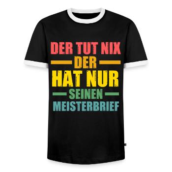 Meister Prüfung Meisterbrief Geschenk - Männer Kontrast-T-Shirt - Schwarz/Weiß - Vorne - AI Model Female 172 light (172cm) & AI Model Male 178 light (178cm)