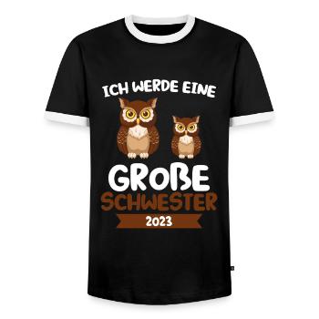 Große Schwester 2023 Flamingo Grosse Schwester 202 - Männer Kontrast-T-Shirt - Schwarz/Weiß - Vorne - AI Model Female 172 light (172cm) & AI Model Male 178 light (178cm)
