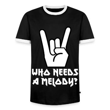 Pommesgabel Metal Hand lustig WHO NEEDS A MELODY? - Männer Kontrast-T-Shirt - Schwarz/Weiß - Vorne - AI Model Female 172 light (172cm) & AI Model Male 178 light (178cm)