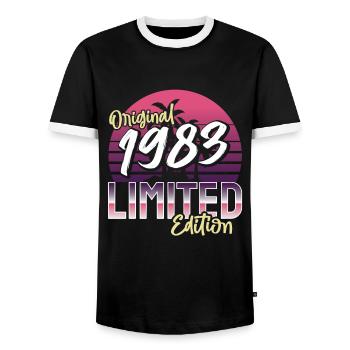 SW 1983 original limited edition - Men's Ringer Shirt - black/white - Front - AI Model Female 172 light (172cm) & AI Model Male 178 light (178cm)