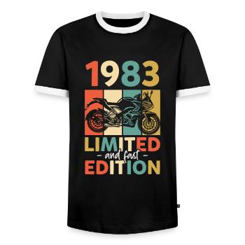 1983 - Limited and fast edition - Men's Ringer Shirt - black/white - Front - AI Model Female 172 light (172cm) & AI Model Male 178 light (178cm)