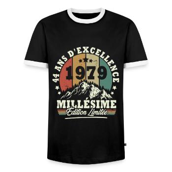 Millésime 1979, Cadeau D'anniversaire 44 Ans - T-shirt contrasté Homme - noir/blanc - Devant - AI Model Female 172 light (172cm) & AI Model Male 178 light (178cm)
