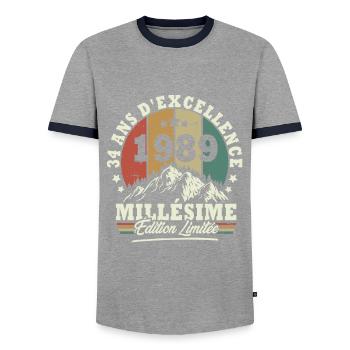 Vintage 1989, birthday gift 34 years - Men's Ringer Shirt - grey/navy  - Front - AI Model Female 172 light (172cm) & AI Model Male 178 light (178cm)
