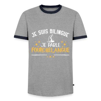 Humor Film, Kino, ich bin zweisprachig, Zauberer - Männer Kontrast-T-Shirt - Grau/Navy  - Vorne - AI Model Female 172 light (172cm) & AI Model Male 178 light (178cm)
