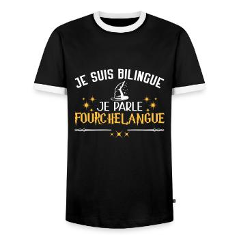 Humour film, cinéma, je suis bilingue, magicien - T-shirt contrasté Homme - noir/blanc - Devant - AI Model Female 172 light (172cm) & AI Model Male 178 light (178cm)