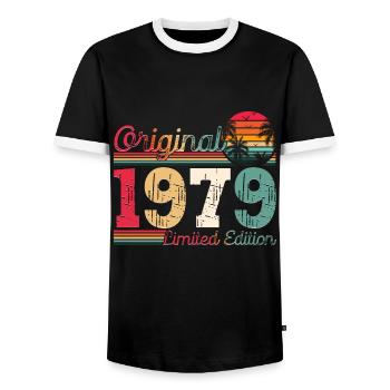Born 1979 44th birthday Gift man/ woman - Men's Ringer Shirt - black/white - Front - AI Model Female 172 light (172cm) & AI Model Male 178 light (178cm)