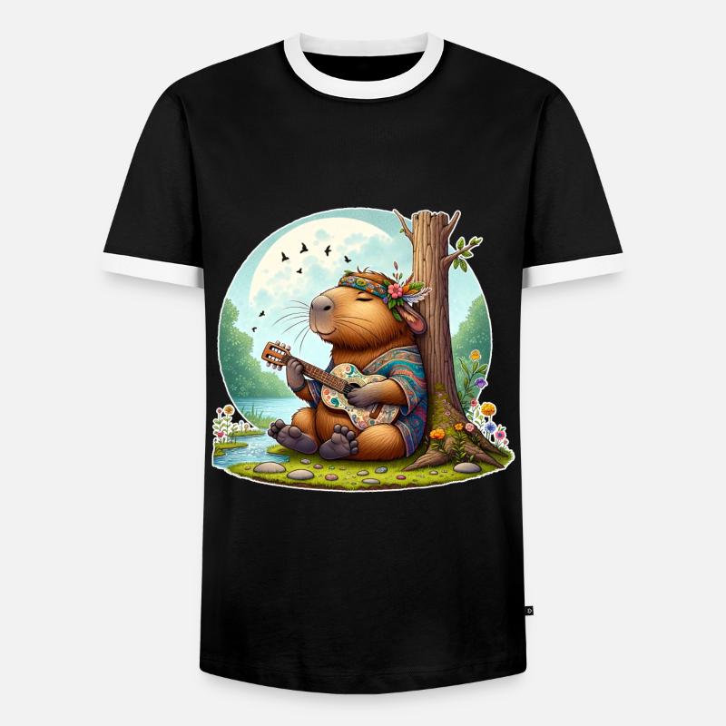 Capybara Guitar Hippie Peace - Men's Ringer Shirt - black/white