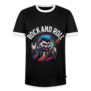 Cat Guitariste de Rock and Roll - T-shirt contrasté Homme - noir/blanc - Devant - AI Model Female 172 light (172cm) & AI Model Male 178 light (178cm)