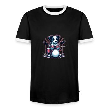 Cool Border Collie Drummer Puppy - Men's Ringer Shirt - black/white - Front - AI Model Female 172 light (172cm) & AI Model Male 178 light (178cm)