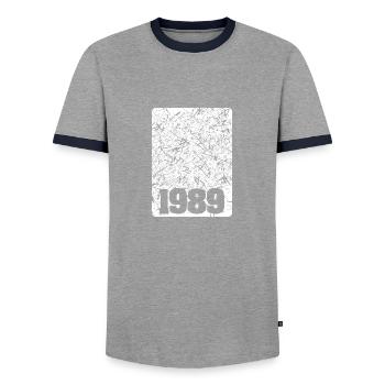 Year 1989 - Men's Ringer Shirt - grey/navy  - Front - AI Model Female 172 light (172cm) & AI Model Male 178 light (178cm)