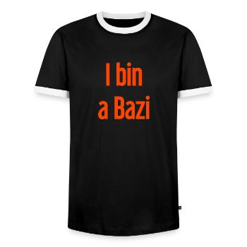 I am a Bazi – Bavarian saying with humor - Men's Ringer Shirt - black/white - Front - AI Model Female 172 light (172cm) & AI Model Male 178 light (178cm)