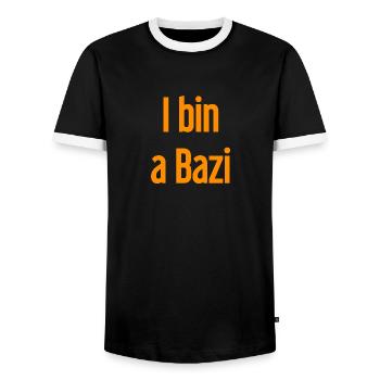 I am a Bazi – Bavarian saying with humor - Men's Ringer Shirt - black/white - Front - AI Model Female 172 light (172cm) & AI Model Male 178 light (178cm)