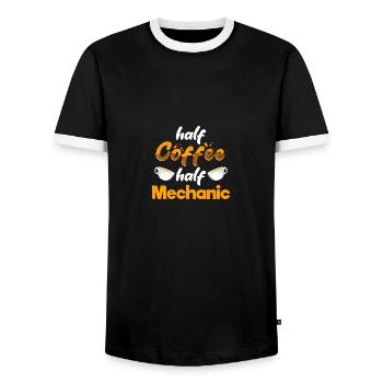 Half Coffee Half Mechanic Funny Car Repair Humor - Men's Ringer Shirt - black/white - Front - AI Model Female 172 light (172cm) & AI Model Male 178 light (178cm)