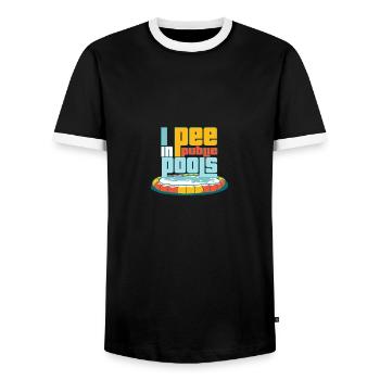 I Pee In Public Pools Swiming Party Funny Peeing - Men's Ringer Shirt - black/white - Front - AI Model Female 172 light (172cm) & AI Model Male 178 light (178cm)