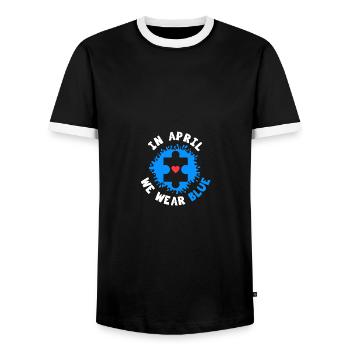 In April We Wear Blue Autism Awareness Puzzle - Männer Kontrast-T-Shirt - Schwarz/Weiß - Vorne - AI Model Female 172 light (172cm) & AI Model Male 178 light (178cm)