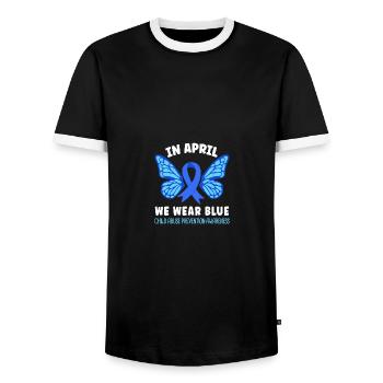 In April We Wear Blue Child Abuse Prevention - Männer Kontrast-T-Shirt - Schwarz/Weiß - Vorne - AI Model Female 172 light (172cm) & AI Model Male 178 light (178cm)