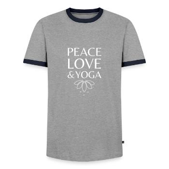 Peace Love and Yoga - Männer Kontrast-T-Shirt - Grau/Navy  - Vorne - AI Model Female 172 light (172cm) & AI Model Male 178 light (178cm)