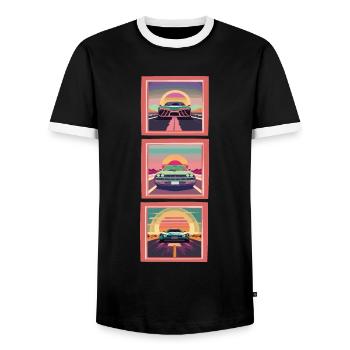 3 Autos im Bilderrahmen fahren. - Männer Kontrast-T-Shirt - Schwarz/Weiß - Vorne - AI Model Female 172 light (172cm) & AI Model Male 178 light (178cm)